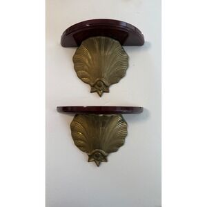 Vintage Brass Shell Wall Shelf Holder Set Dark Wood Decorative Display